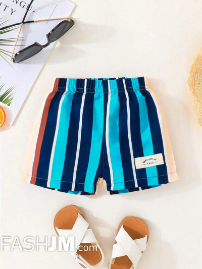 Baby Boy Striped Print Letter Patched Detail Shorts