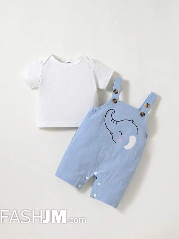  Baby Boy Elephant Print Overall Romper & Tee image2