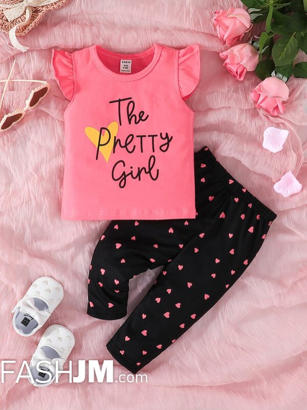  Baby Heart & Slogan Graphic Ruffle Trim Tee & Pants image0