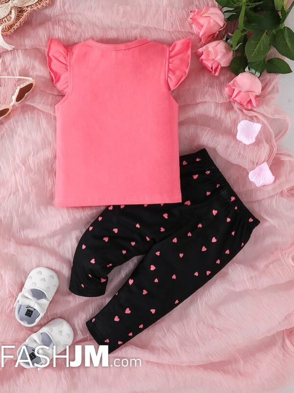  Baby Heart & Slogan Graphic Ruffle Trim Tee & Pants image1