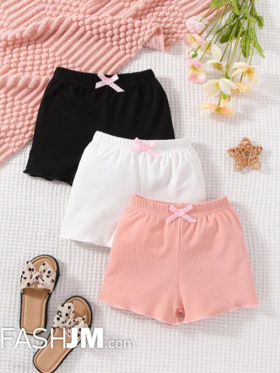 Baby 3pcs Bow Front Lettuce Trim Shorts