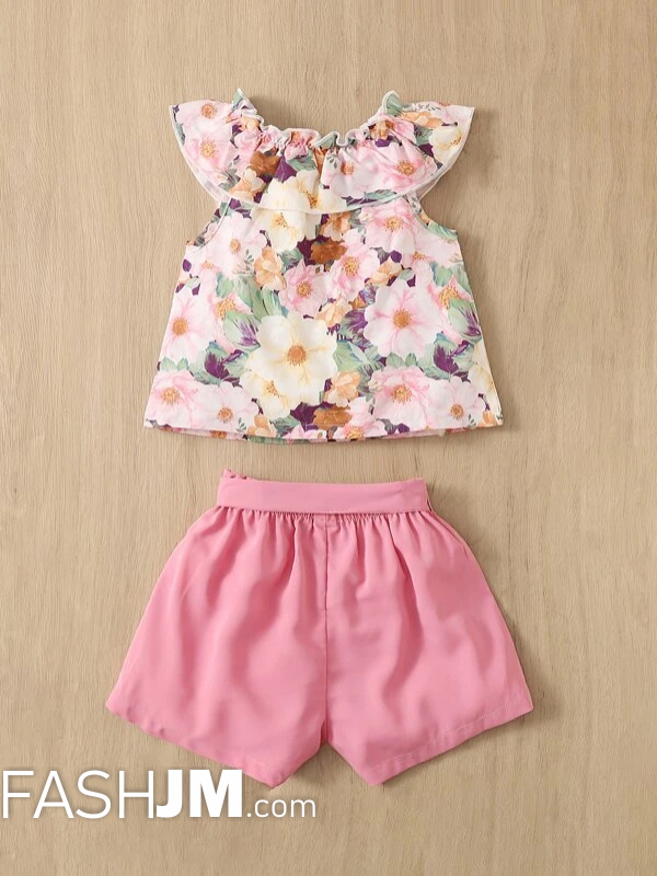  Baby Floral Print Ruffle Trim Top & Belted Shorts image1