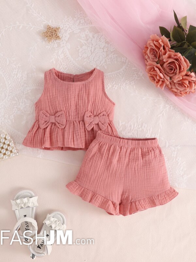 Baby Bow Front Ruffle Hem Tank Top & Ruffle Hem Shorts