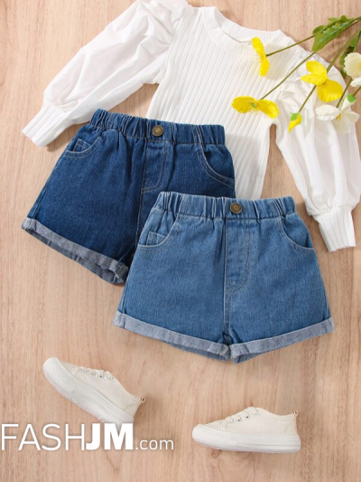 Baby 2pcs Roll Up Hem Denim Shorts