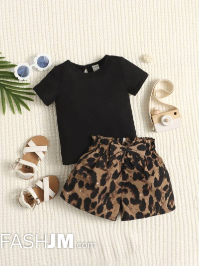 Baby Keyhole Back Tee & Leopard Print Paperbag Waist Shorts