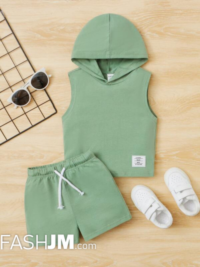 Baby Boy Letter Patched Detail Hooded Tank Top & Drawstring Waist Shorts