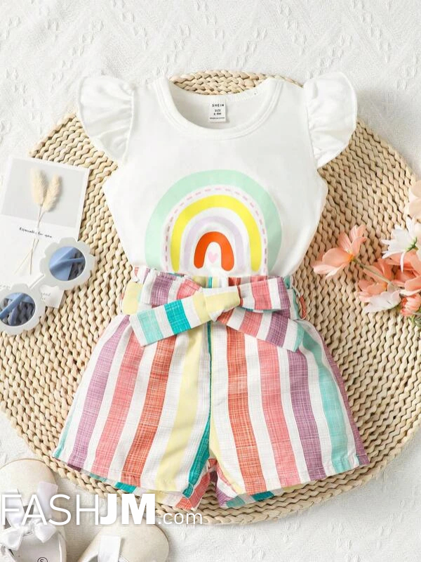  Baby Rainbow Print Ruffle Trim Tee & Belted Striped Shorts image1