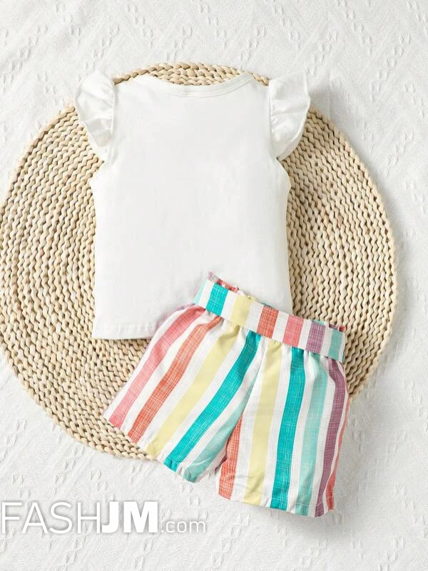  Baby Rainbow Print Ruffle Trim Tee & Belted Striped Shorts image2