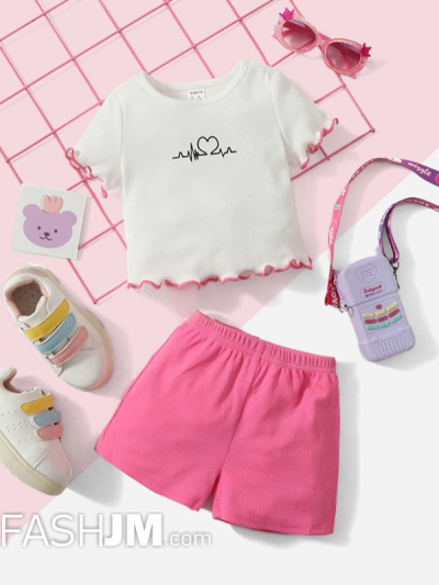 Baby Heartbeat & Heart Print Lettuce Trim Tee & Shorts