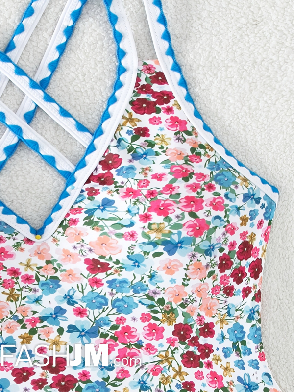 Ditsy Floral Print Whip Stitch V Neck One-piece Swimsuit image1