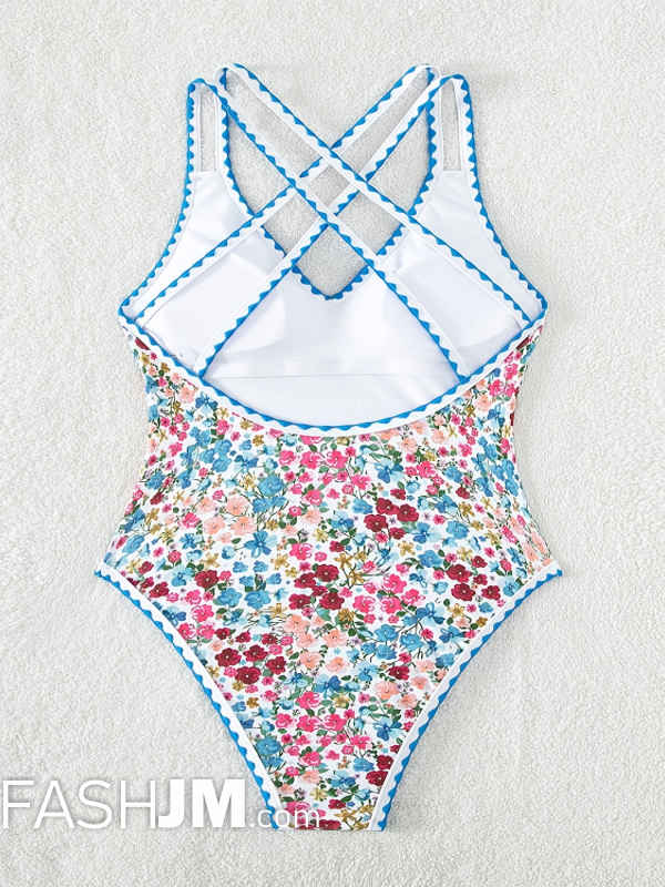  Ditsy Floral Print Whip Stitch V Neck One-piece Swimsuit image2