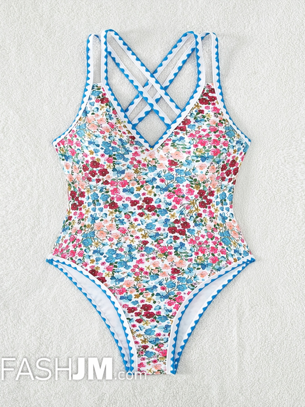  Ditsy Floral Print Whip Stitch V Neck One-piece Swimsuit image3