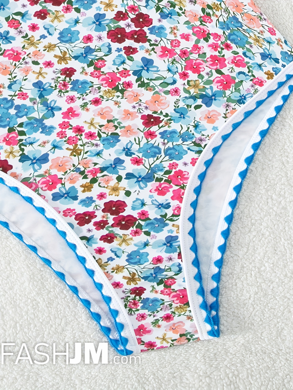  Ditsy Floral Print Whip Stitch V Neck One-piece Swimsuit image4