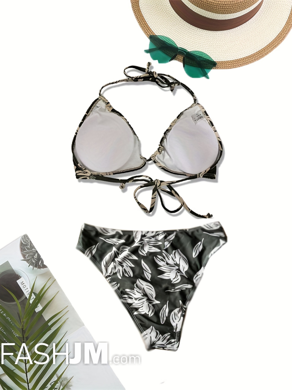  Green Floral Print Halter 2 Piece Set Bikini, Tie Back Neck Push Up Stretchy Swimsuit For Beach Pool Bathing, Women image1