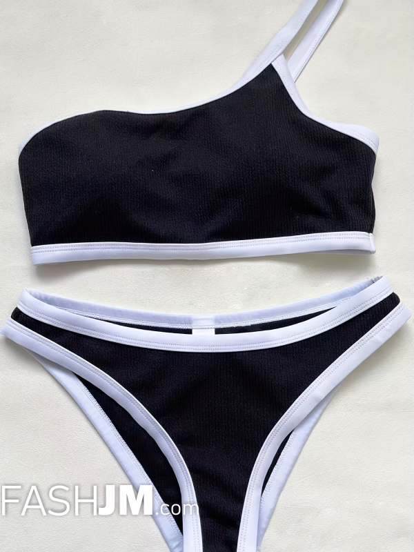  Asymmetric One Shoulder Contrast Trim 2 Piece Set Bikini image2