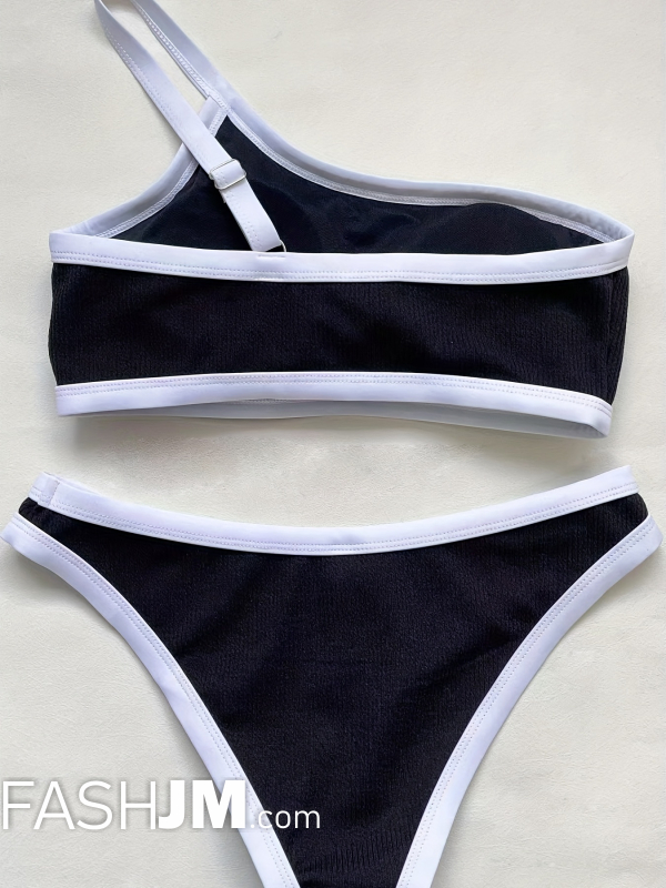  Asymmetric One Shoulder Contrast Trim 2 Piece Set Bikini image3