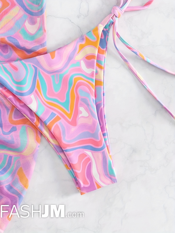  Allover Fluid Print Halter Triangle Bikini With Beach Skirt image4