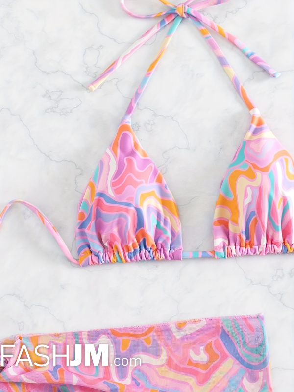  Allover Fluid Print Halter Triangle Bikini With Beach Skirt image6