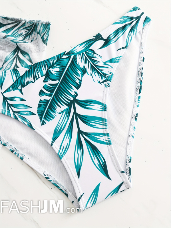  Tropical Leaf Print Tie Back Halter Bikini With Cover Up image1