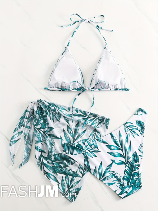  Tropical Leaf Print Tie Back Halter Bikini With Cover Up image3