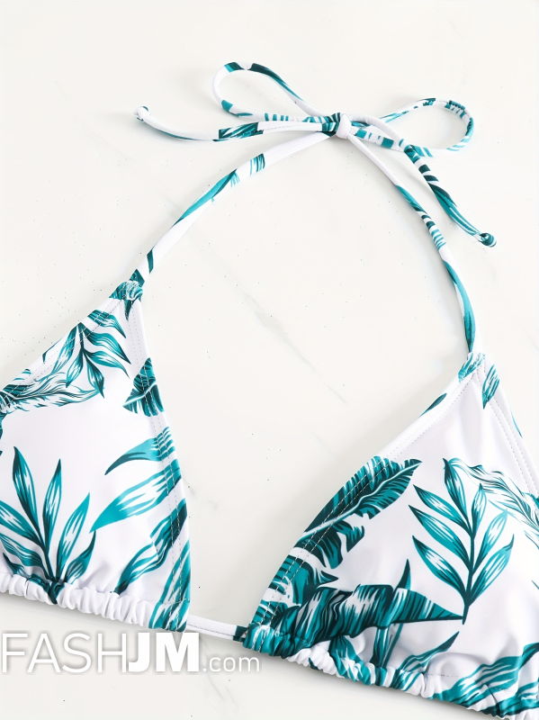  Tropical Leaf Print Tie Back Halter Bikini With Cover Up image5