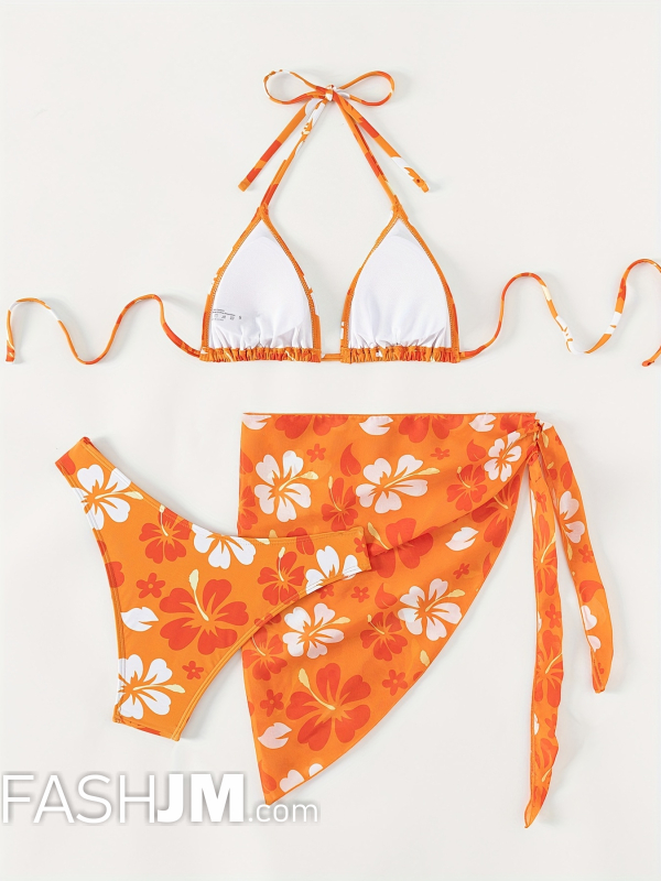  Tangerine Floral Print Halter 3 Piece Set Swimsuits image2