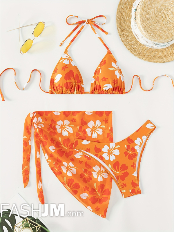  Tangerine Floral Print Halter 3 Piece Set Swimsuits image5