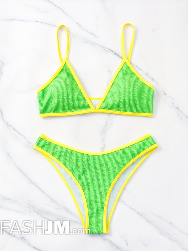  Rib Knit Contrast Trim Spaghetti Strap 2 Piece Set Bikini image1