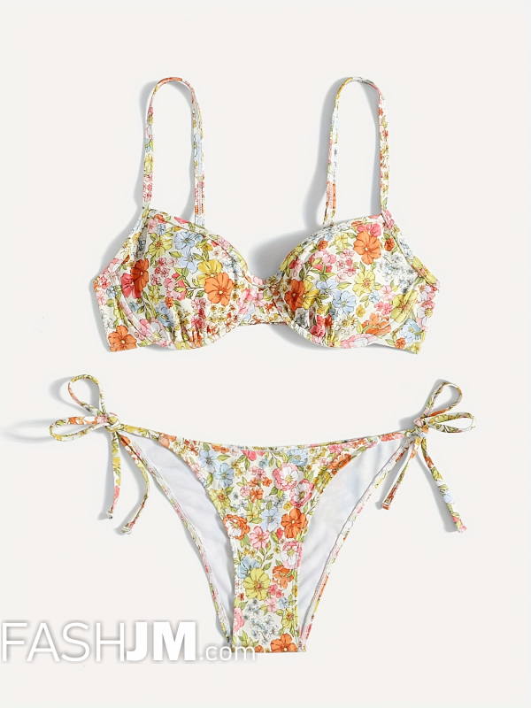  Floral Print Tie Side Push Up 2 Piece Bikini image4