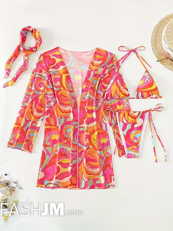  Tropical Print Tie Side Halter 3 Piece Swimsuit With Headscarf image2