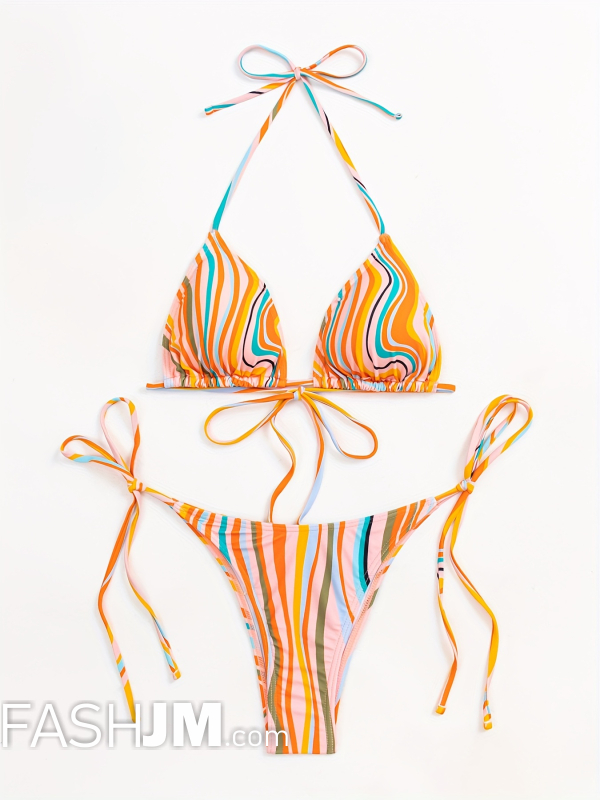  Stripes Tie Side Halter Bikini image1