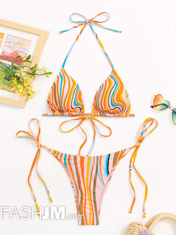  Stripes Tie Side Halter Bikini image2