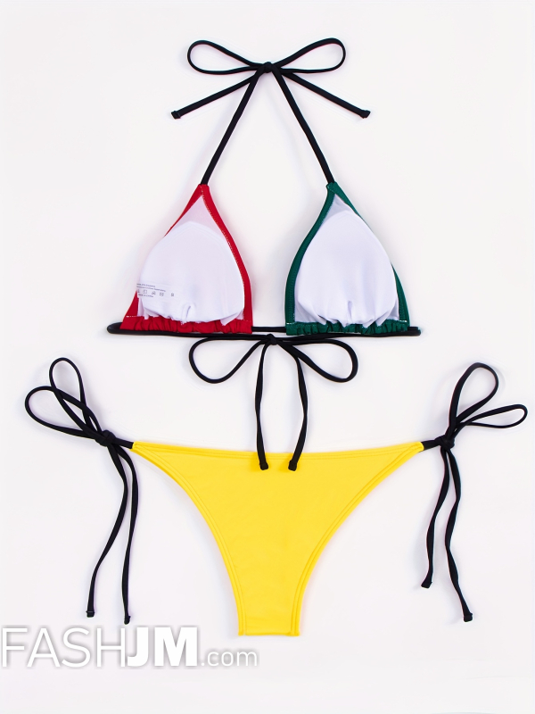  Color Block Triangle Tie Neck 2 Piece Set Bikini image1