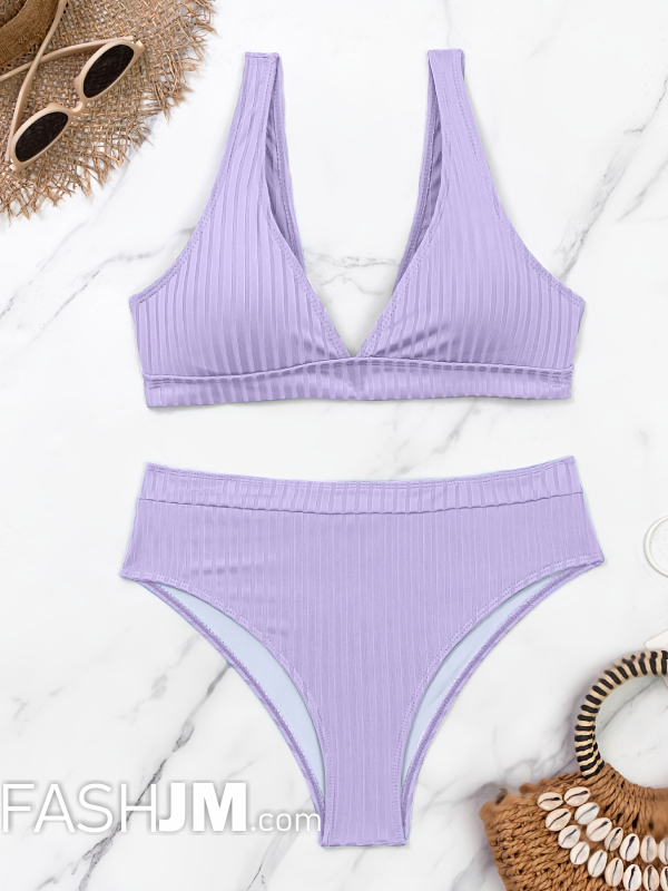  Light Purple V Neck Bikini Sets image1