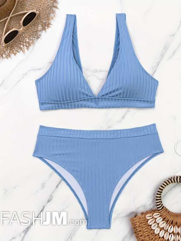  Bright Steel Blue Solid Color V Neck Bikini Sets image1