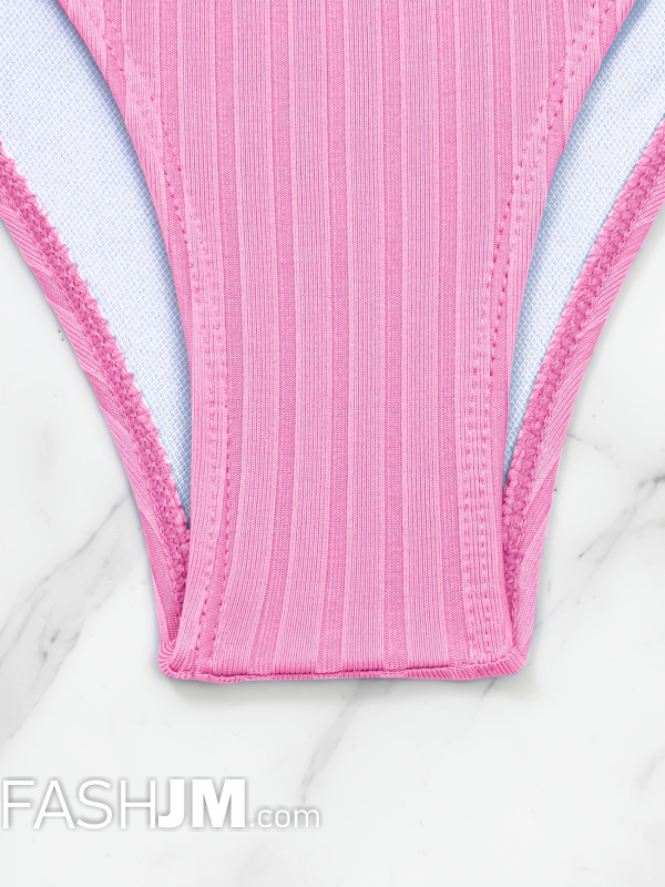  Pink Solid Color V Neck Bikini Sets image2