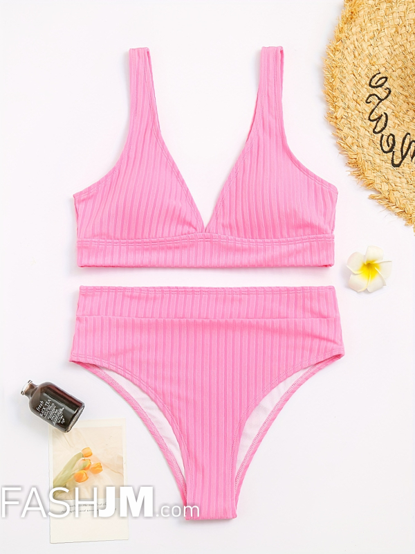  Pink Solid Color V Neck Bikini Sets image3