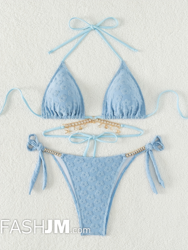  Plush Floral Pattern Rhinestone Seashell Chain Blue 2 Piece Set Bikini image2