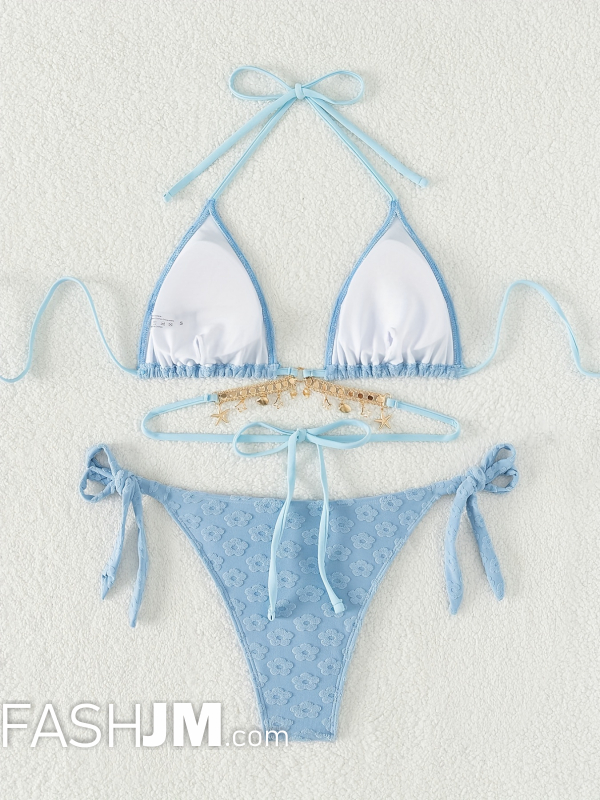  Plush Floral Pattern Rhinestone Seashell Chain Blue 2 Piece Set Bikini image3