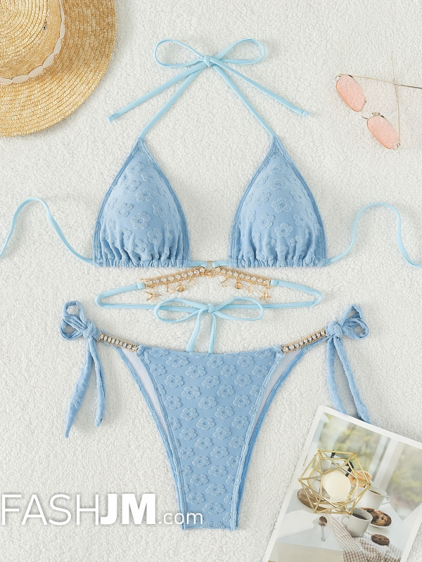  Plush Floral Pattern Rhinestone Seashell Chain Blue 2 Piece Set Bikini image4