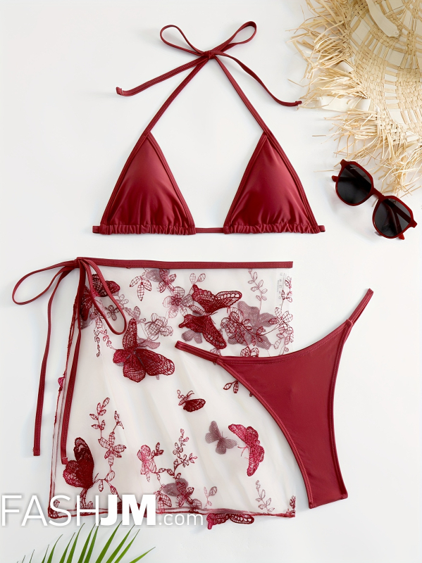  Burgundy Halter Tie Back Bikini With Butterfly Embroidery Cover Up image1
