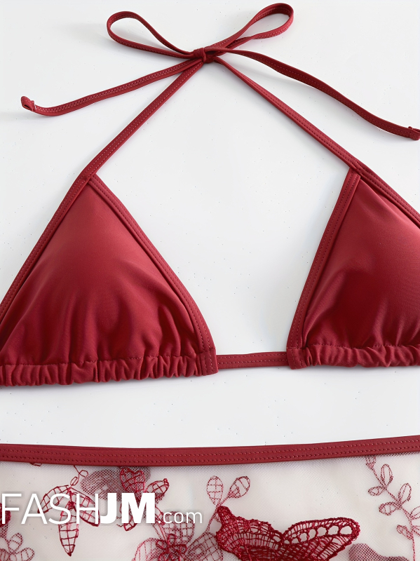  Burgundy Halter Tie Back Bikini With Butterfly Embroidery Cover Up image2