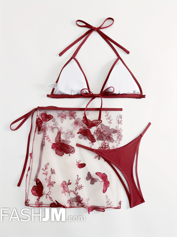  Burgundy Halter Tie Back Bikini With Butterfly Embroidery Cover Up image5
