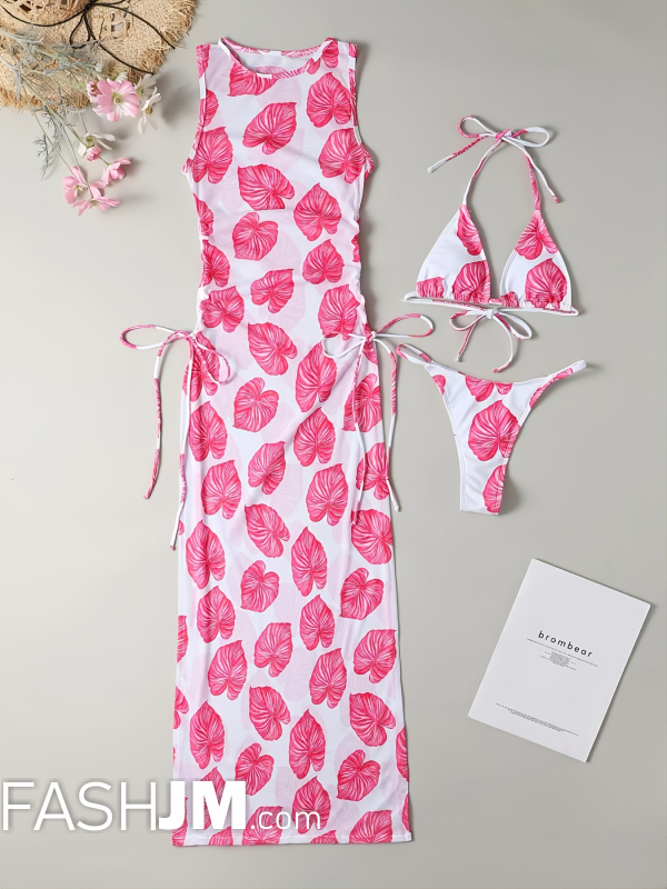  Leaf Print Triangle V String 3 Piece Set Swimsuits image3
