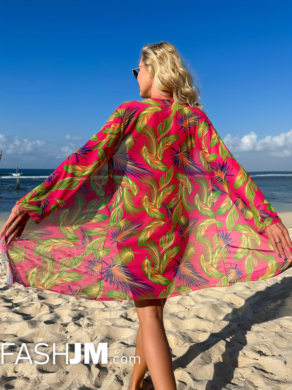  Tropical Leaf Print Bandeau 3 Piece Set Swimsuits image2