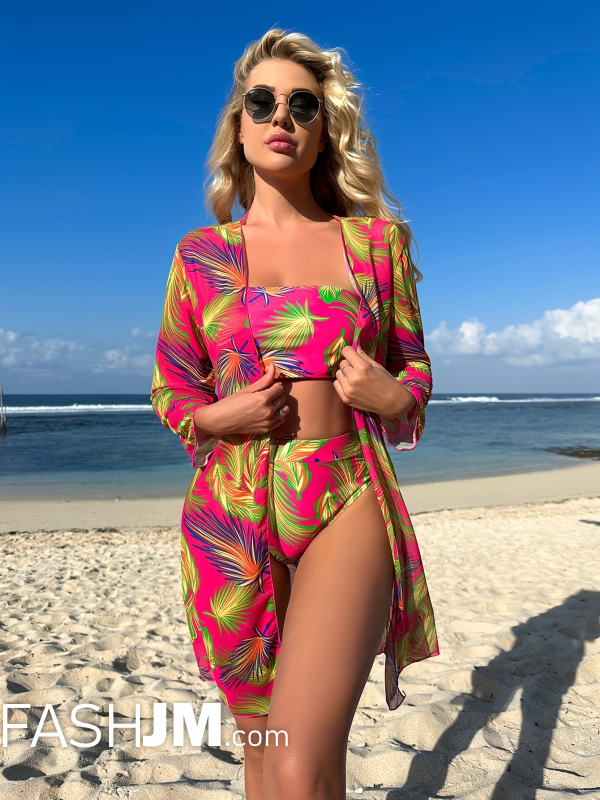  Tropical Leaf Print Bandeau 3 Piece Set Swimsuits image3