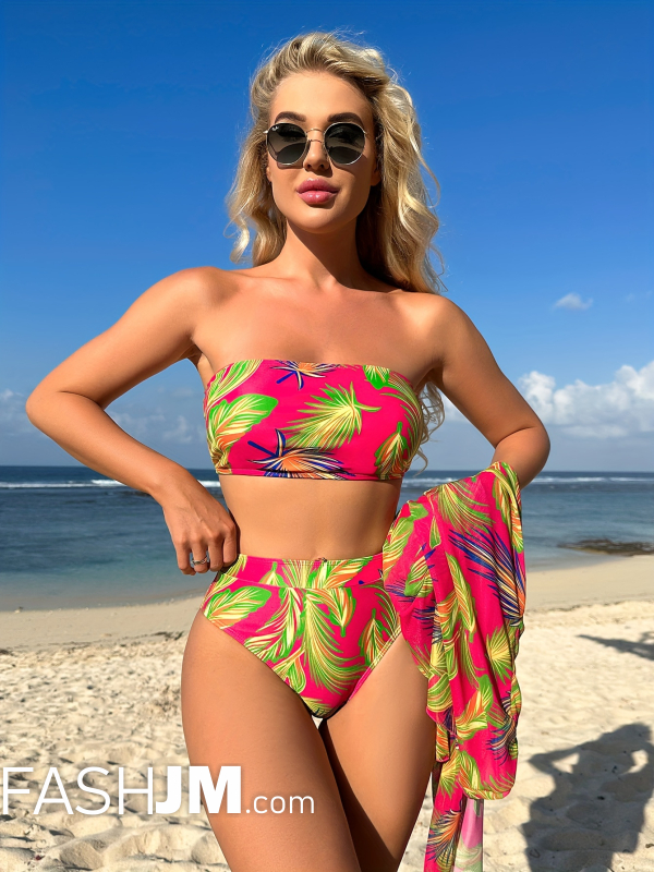  Tropical Leaf Print Bandeau 3 Piece Set Swimsuits image4