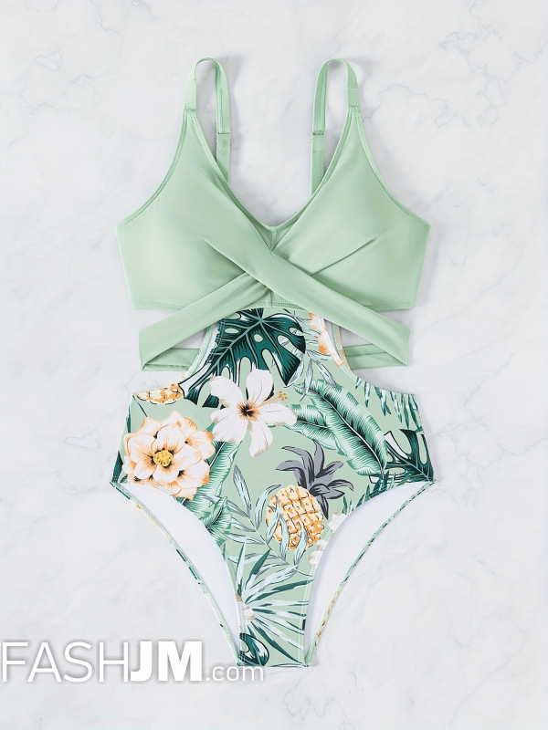 Floral Print Criss Cross Tie Back One Piece Swimsuit image2