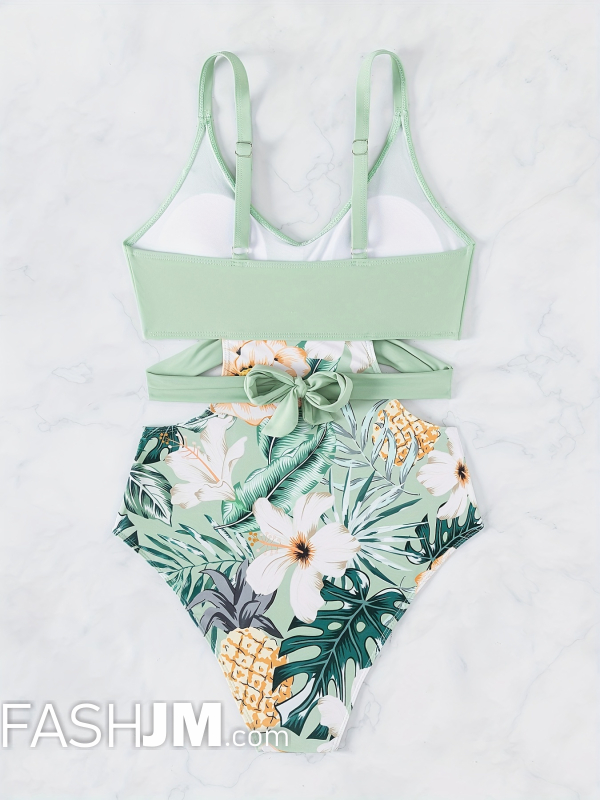  Floral Print Criss Cross Tie Back One Piece Swimsuit image7