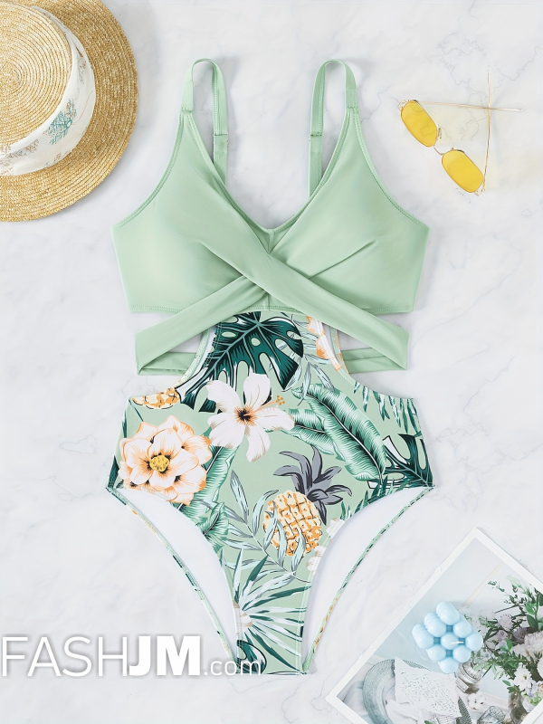  Floral Print Criss Cross Tie Back One Piece Swimsuit image9